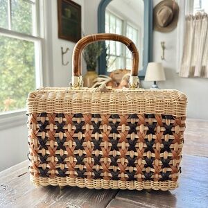 Vintage Wicker Handbag with Bamboo Handles